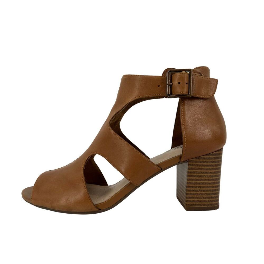 Clarks Womens Deva Heidi Tan Leather Ankle Strap Heels Size 8.5 M